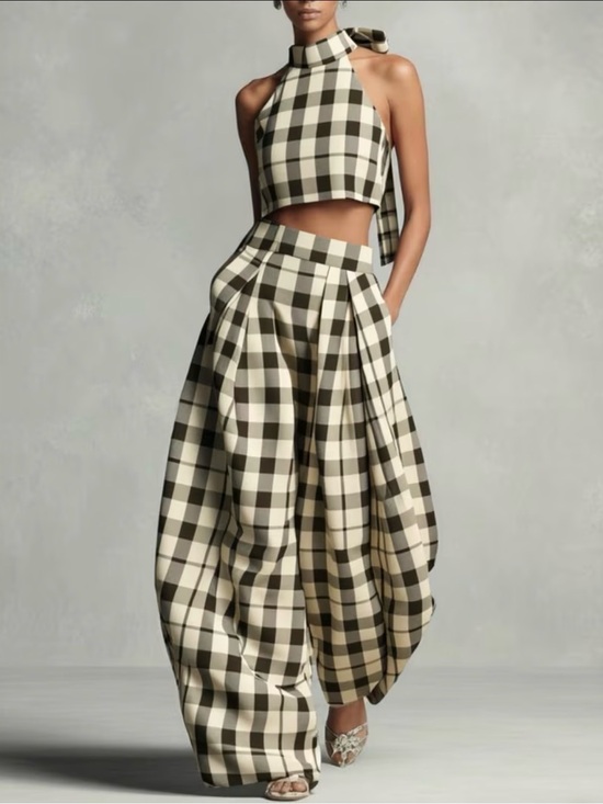 Boutique Pants - High-Waist Wide Leg Gingham Pants  with matching top in Black & Cream